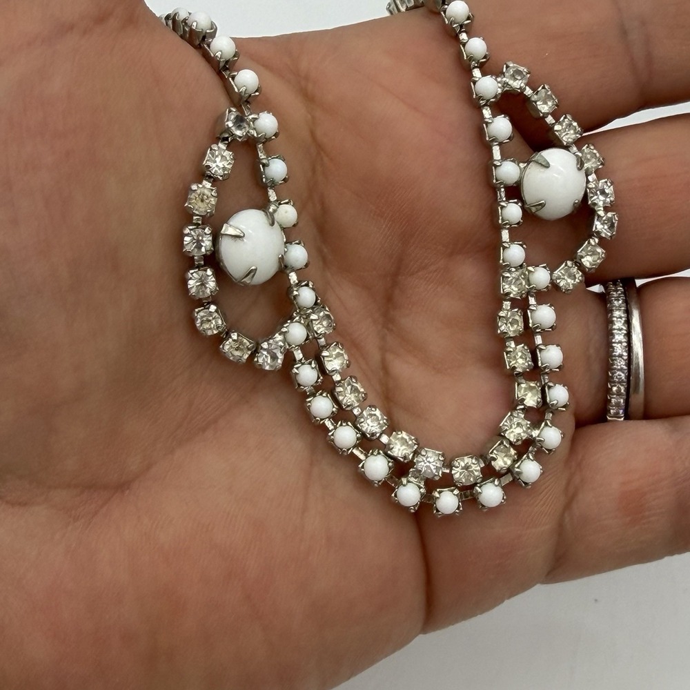 Vintage Milk Glass Necklace Rhinestone Festune Choker